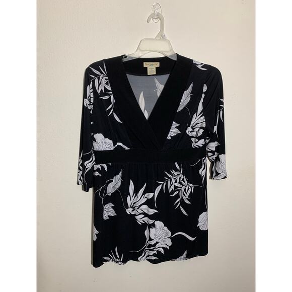 Travel Smith Low Cut V Neck Black White Y2k Dressy Floral Tunic Sz M - Picture 3 of 9